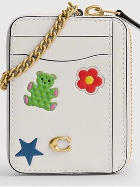 Coach White Leather Zip Card Case with Colorful Patch Icons